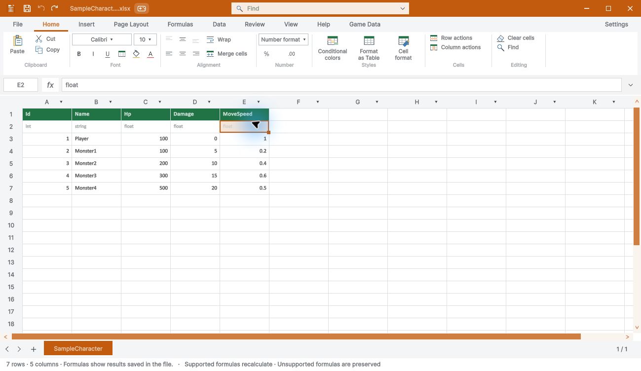 Actual Unity Design Data Table workspace with spreadsheet ribbon and registered game data